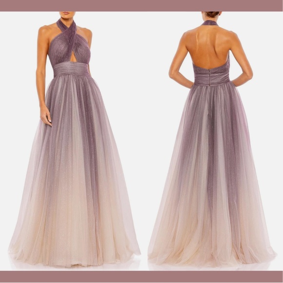 NWT $398 Mac Duggal [ 14 ] Glitter Halter Neck Ball‎ Gown in Charcoal Ombre - Picture 1 of 14